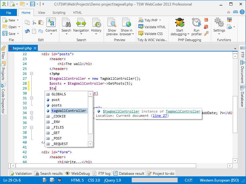 WebCoder 2013 showing IntelliSense